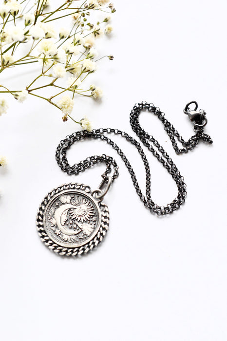 Celestial Style Etched Silver Pendant Necklace