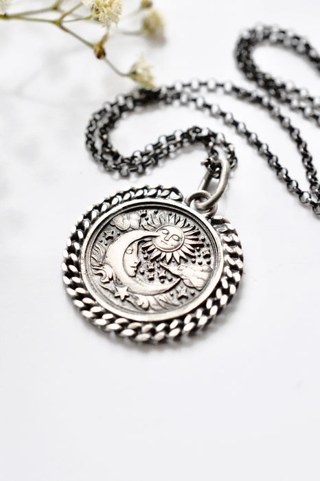 Celestial Style Etched Silver Pendant Necklace