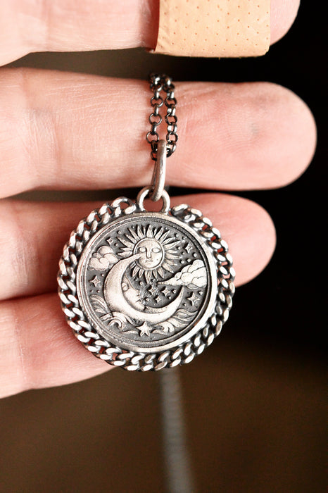 Celestial Style Etched Silver Pendant Necklace