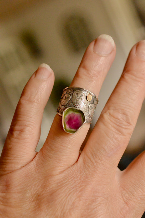 Owl & Watermelon Tourmaline Ring