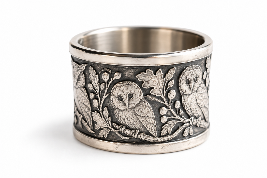 The Secret Forest — Owl & Carved Floral Ring