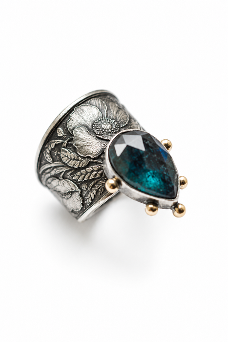 Teal Kyanite and Poppies Ring