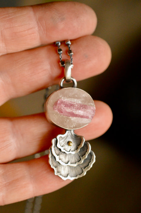 Pink Tourmaline in Quartz & Gingko Leaf Pendant