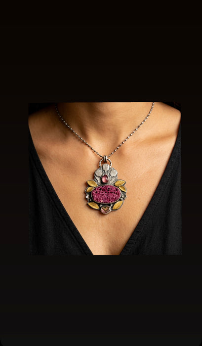 Raw Ruby Botanical Style Statement Necklace