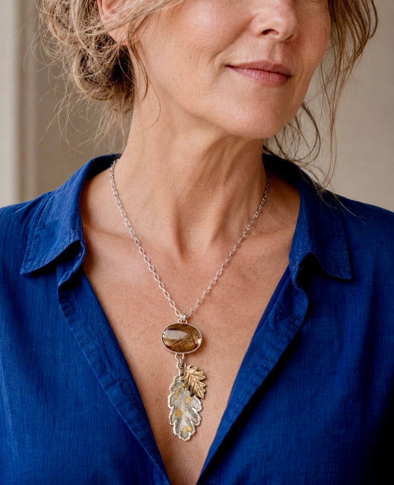 Rutilated Quartz Pendant with Hand Engraved Leaves