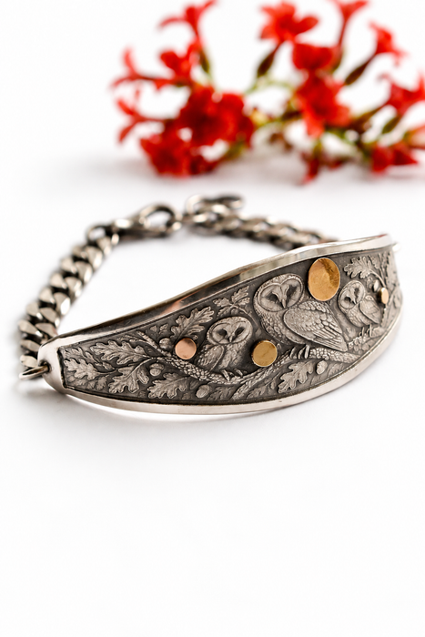 Woodland Owls – Silver Bracelet with Gold