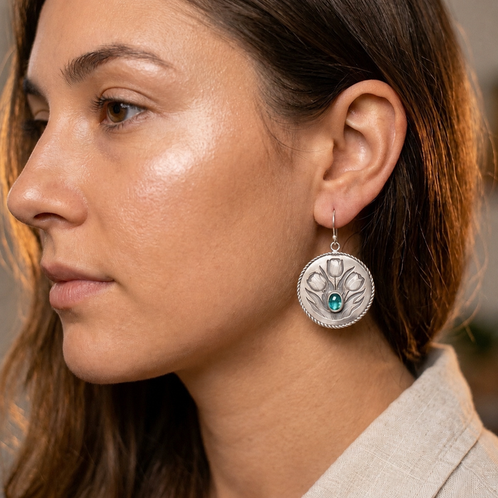 Silver Etched Tulip Earrings with Teal Kyanite