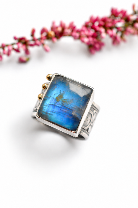 Blue Fire Moonstone - Honeycomb Ring