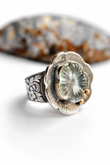 Wildflower Reverie | Carved Mother of Pearl & Quartz Ring