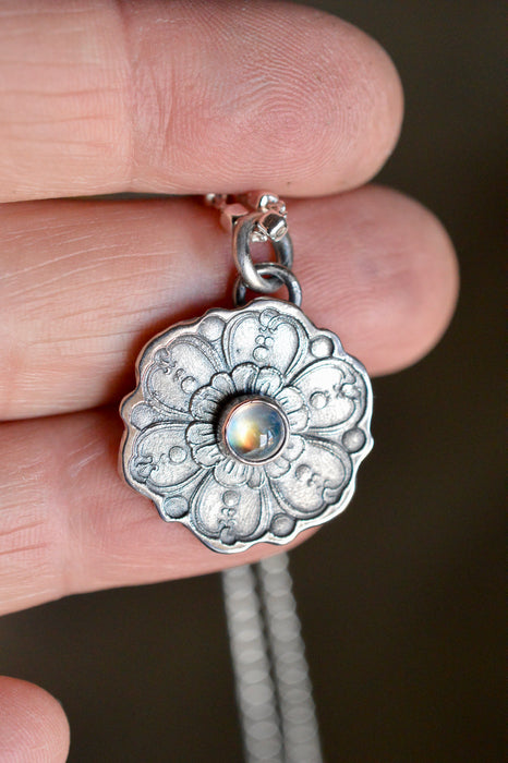 Etched Silver Flower and Moonstone Necklace