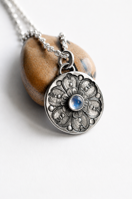 Etched Silver Flower and Moonstone Necklace