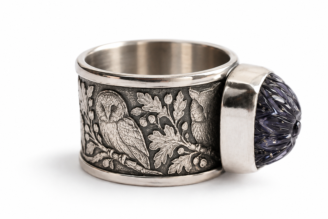 The Secret Forest — Owl & Carved Floral Ring