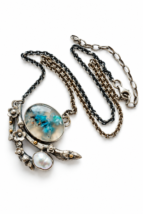 Aquadite & Pearl Woodland Necklace