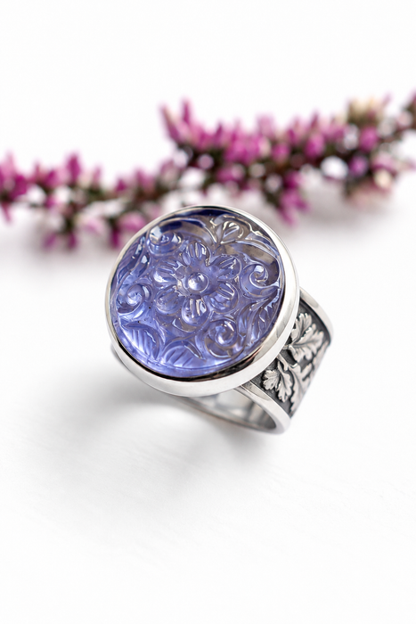 The Midnight Owl - Carved Iolite Ring