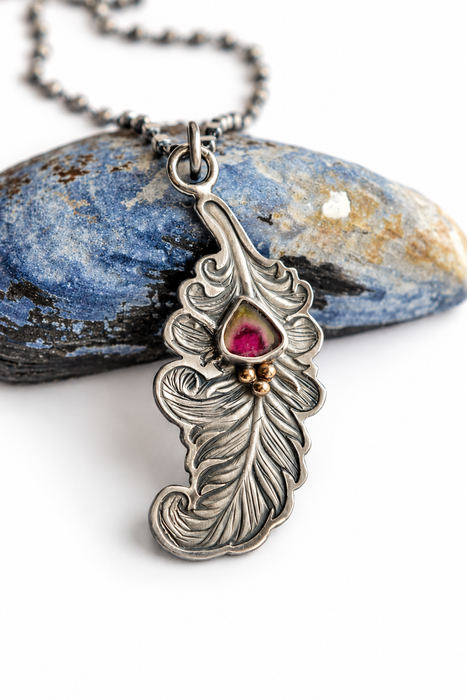 Watermelon Tourmaline Feather Pendant