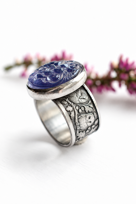 The Midnight Owl - Carved Iolite Ring