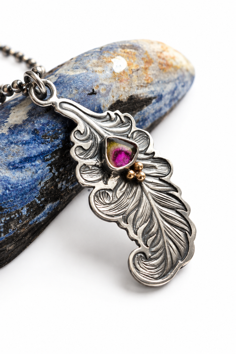 Watermelon Tourmaline Feather Pendant