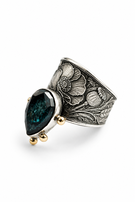 Teal Kyanite and Poppies Ring