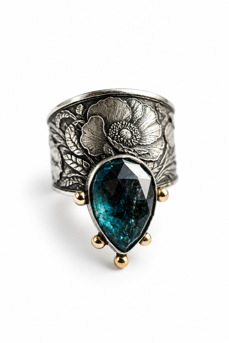 Teal Kyanite and Poppies Ring