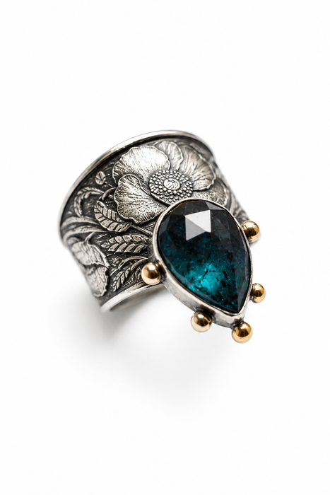 Teal Kyanite and Poppies Ring