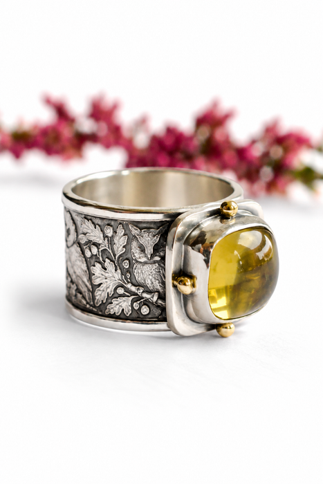 The Golden Hour | Honey Quartz &  Owl Ring