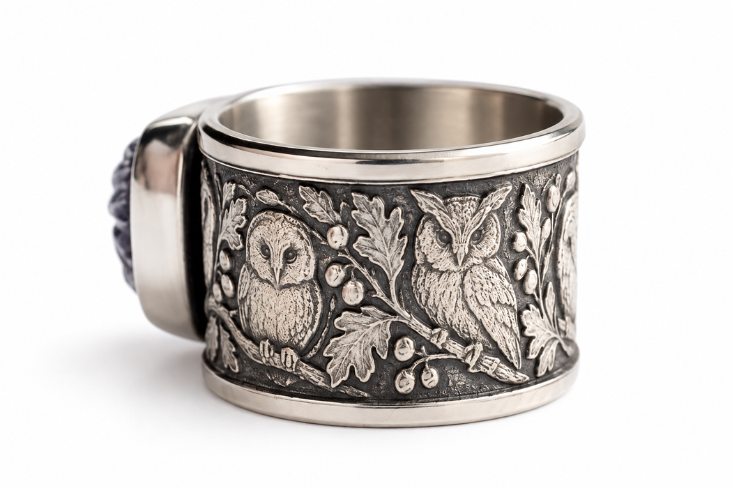 The Secret Forest — Owl & Carved Floral Ring