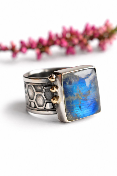 Blue Fire Moonstone - Honeycomb Ring