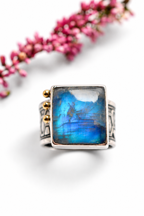 Blue Fire Moonstone - Honeycomb Ring