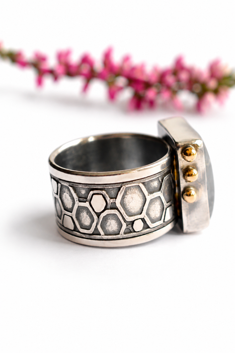 Blue Fire Moonstone - Honeycomb Ring