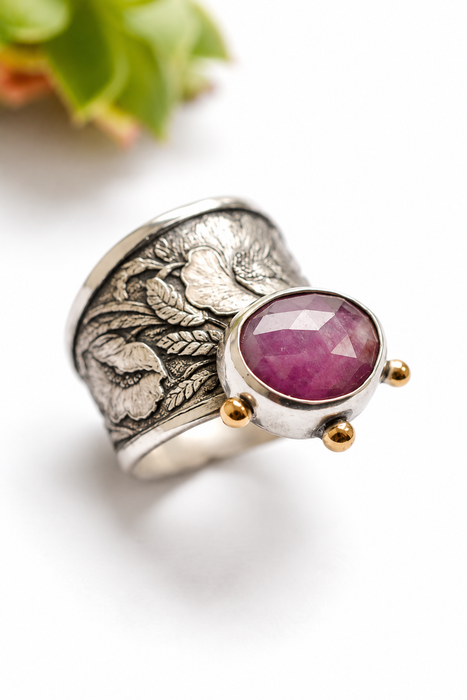Pink Sapphire and Poppies Ring