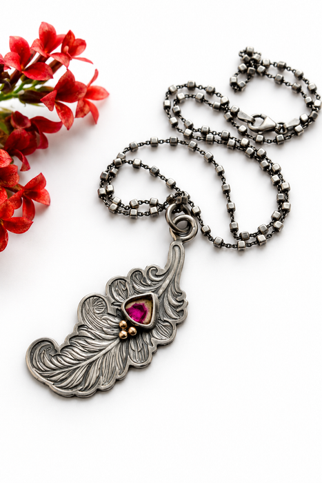 Watermelon Tourmaline Feather Pendant