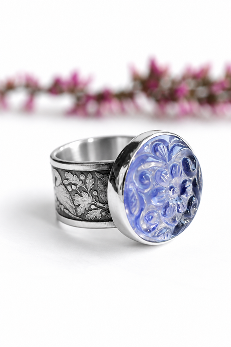 The Midnight Owl - Carved Iolite Ring