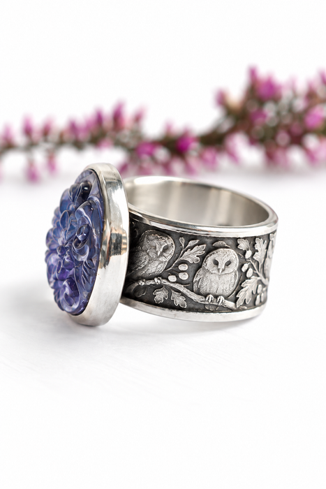 The Midnight Owl - Carved Iolite Ring