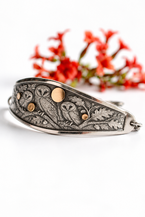 Woodland Owls – Silver Bracelet with Gold