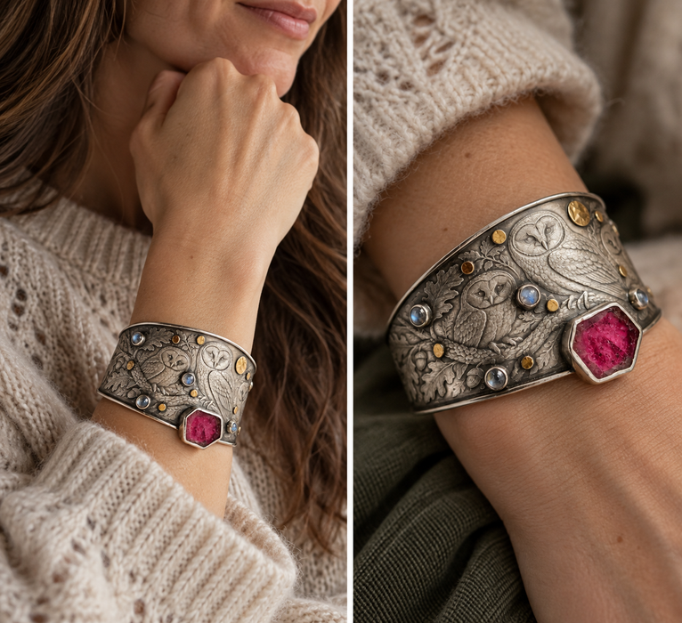 Night Owls- Woodland Sterling Silver Cuff
