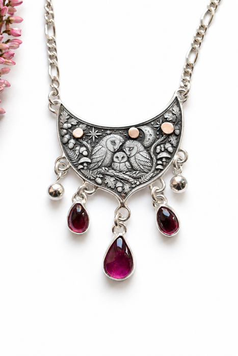 Woodland Whispers - Pink Tourmaline Owl Necklace