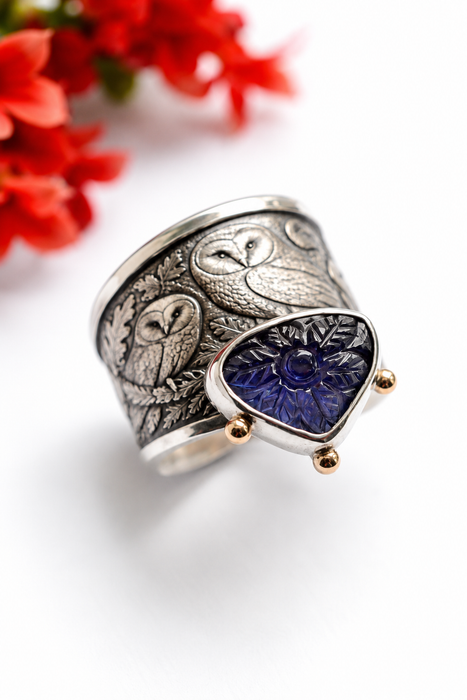 Carved Iolite Owl Ring