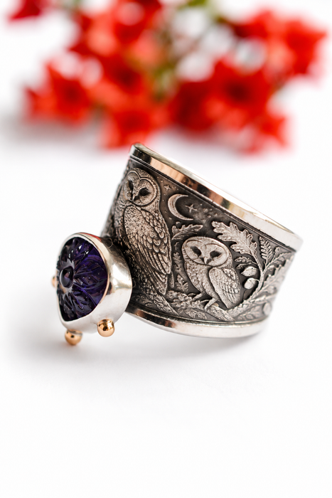 Carved Iolite Owl Ring