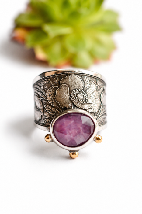 Pink Sapphire and Poppies Ring