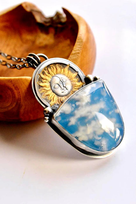 Plume Agate Celestial Style Pendant in Silver and Gold