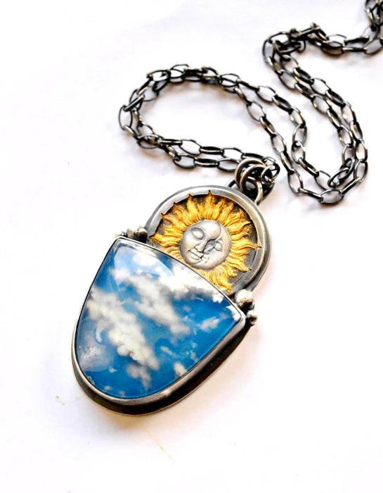 Plume Agate Celestial Style Pendant in Silver and Gold