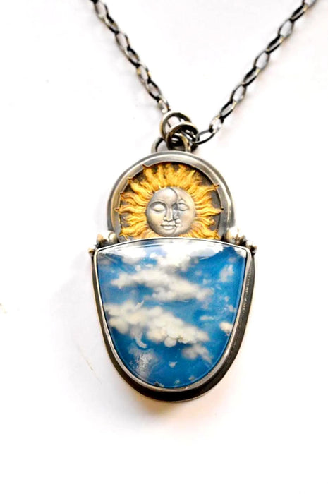Plume Agate Celestial Style Pendant in Silver and Gold