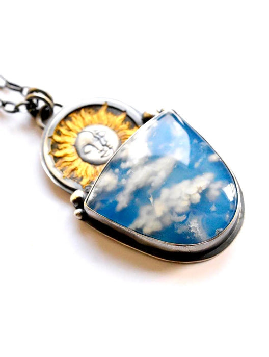 Plume Agate Celestial Style Pendant in Silver and Gold