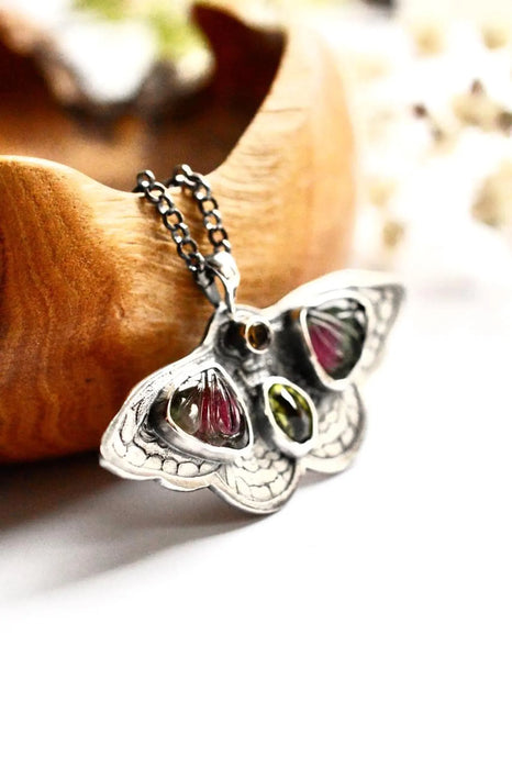 Carved Tourmaline Etched Butterfly Necklace