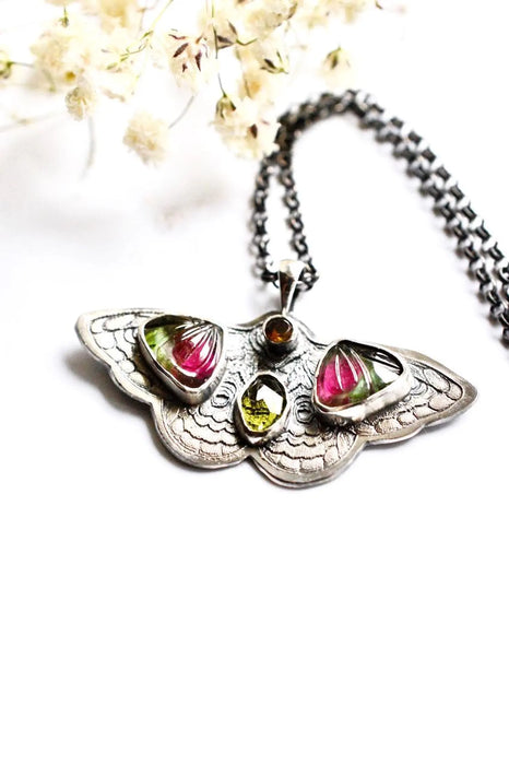 Carved Tourmaline Etched Butterfly Necklace