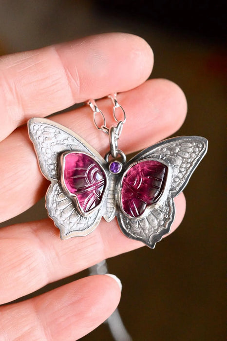 Carved Pink Tourmaline Butterfly Necklace in Etched Silver