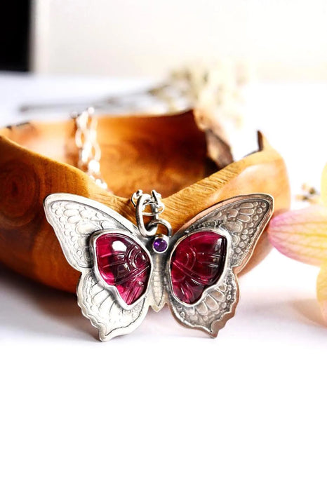 Carved Pink Tourmaline Butterfly Necklace in Etched Silver