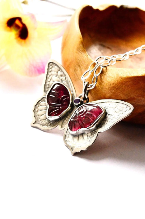 Carved Pink Tourmaline Butterfly Necklace in Etched Silver