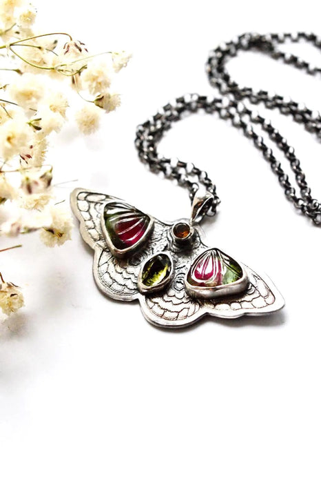 Carved Tourmaline Etched Butterfly Necklace