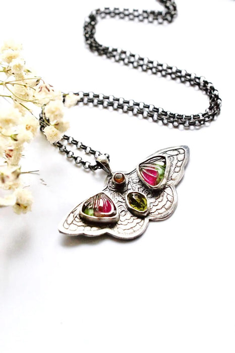 Carved Tourmaline Etched Butterfly Necklace